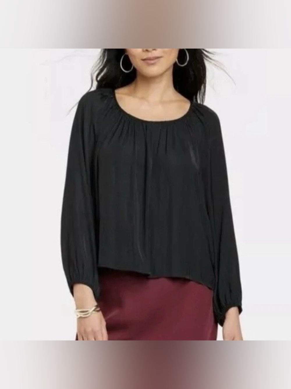A New Day Black Pleated Long-Sleeve Silky Flowy Blouse